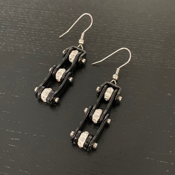 Black and Silver Bike Chain Earrings - Picture 2 of 5